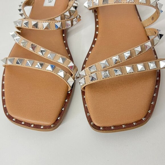 NWOT Sz 8.5 - Steve Madden Skyler Silver Stud 4-Strap Tan Slip-On Sandals - Picture 4 of 13